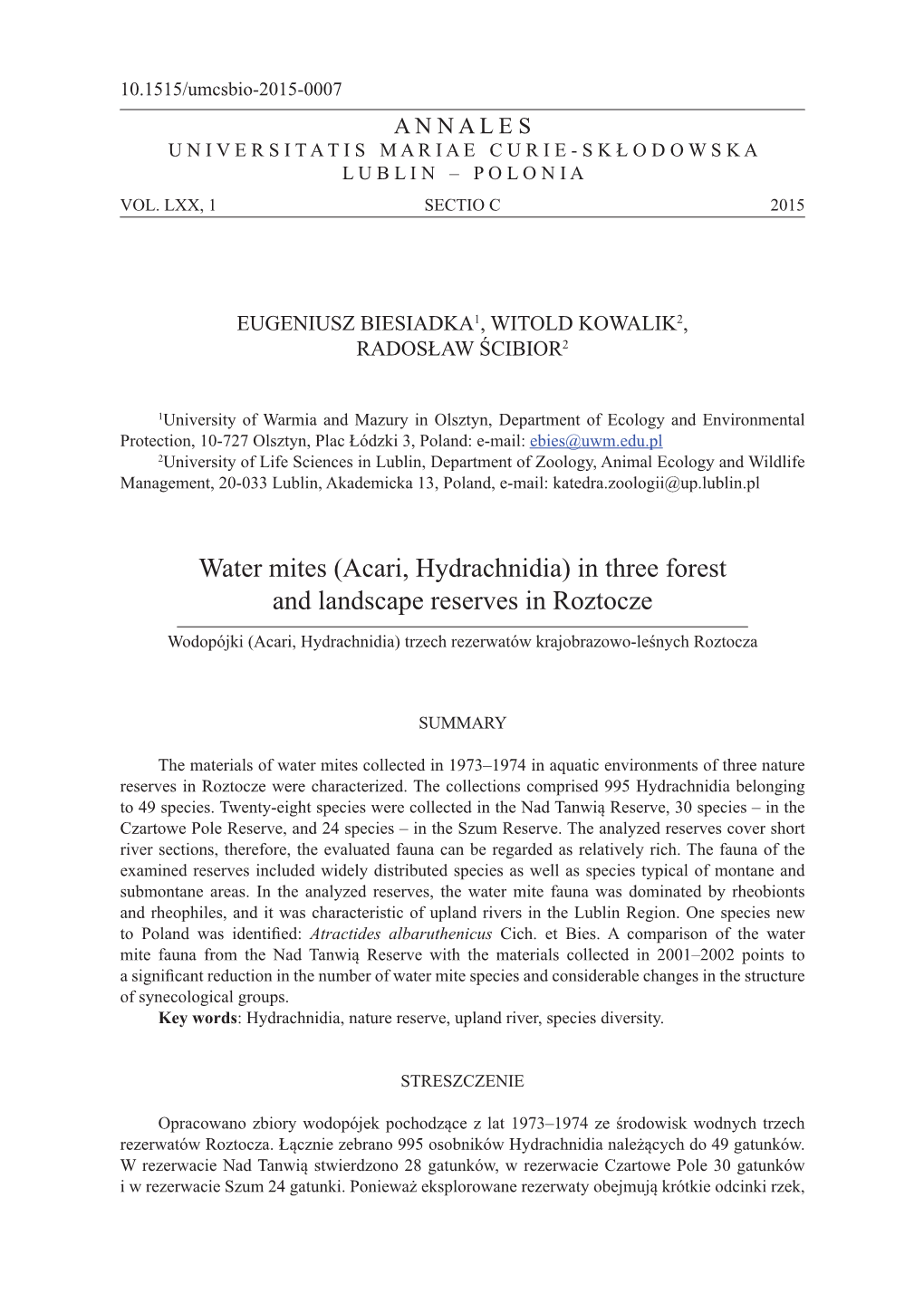 Water Mites (Acari, Hydrachnidia) in Three Forest and Landscape Reserves in Roztocze