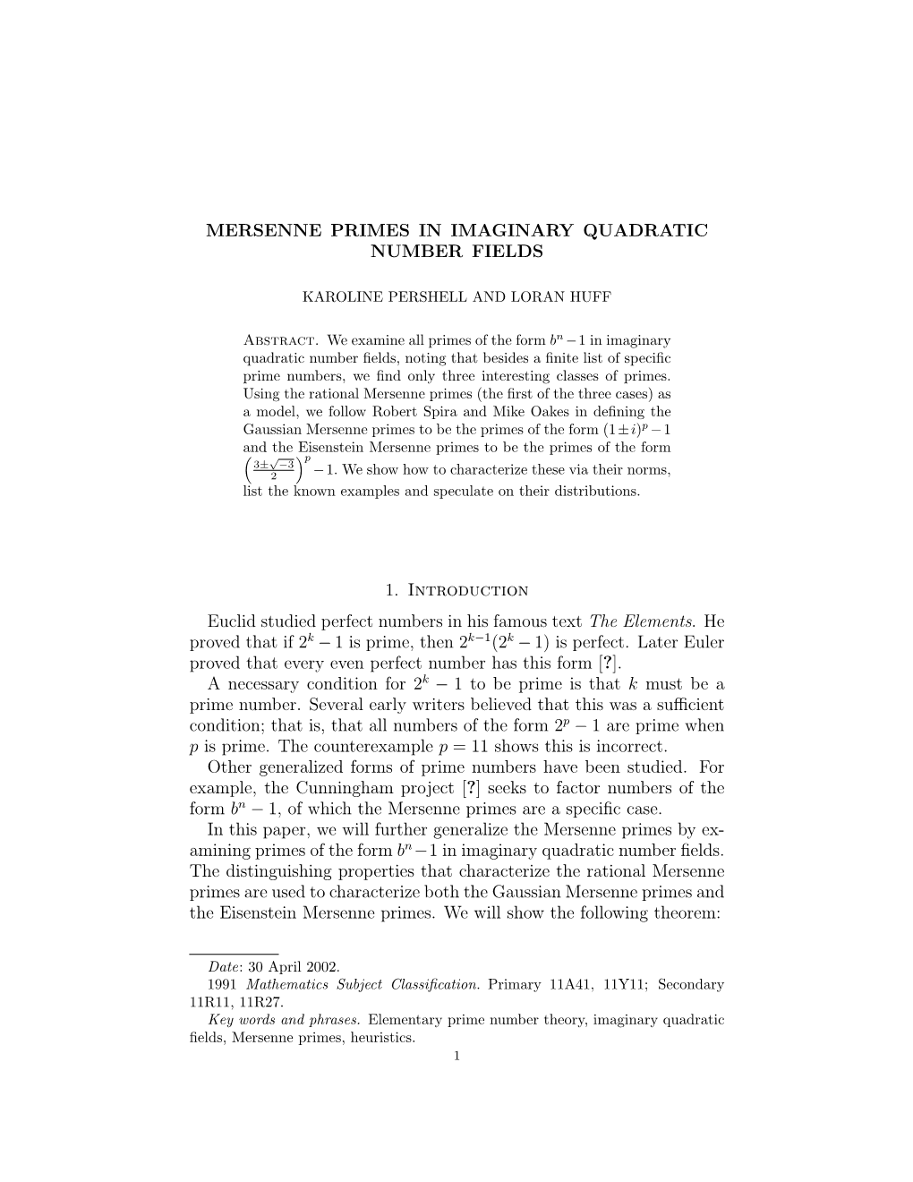 Mersenne Primes in Imaginary Quadratic Number Fields