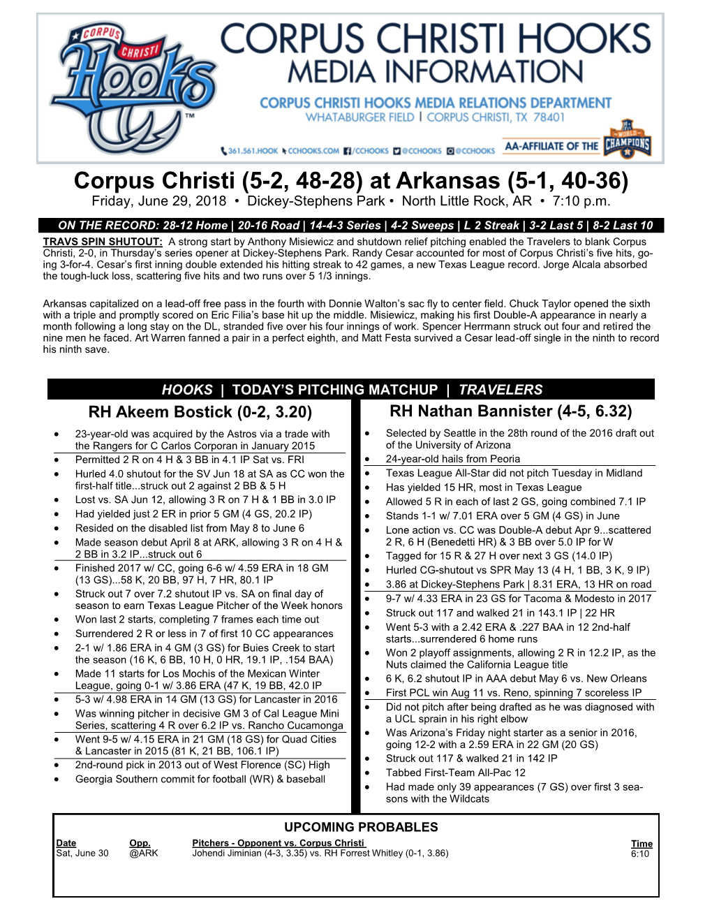 Corpus Christi (5-2, 48-28) at Arkansas (5-1, 40-36) Friday, June 29, 2018 • Dickey-Stephens Park • North Little Rock, AR • 7:10 P.M