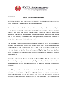 1 Media Release Official Launch of Tiger Balm in Myanmar Myanmar, 16 Septembe