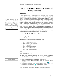 Unit 3: Microsoft Word and Basics of Word Processing