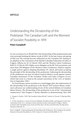 Understanding the Dictatorship of the Proletariat: the Canadian Left and the Moment of Socialist Possibility in 1919 Peter Campbell