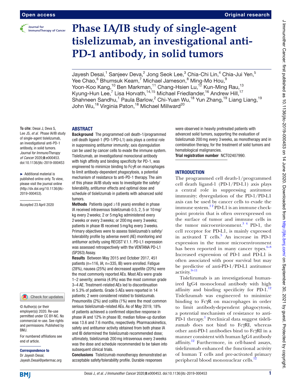 Phase IA/IB Study of Single-Agent Tislelizumab, an Investigational Anti