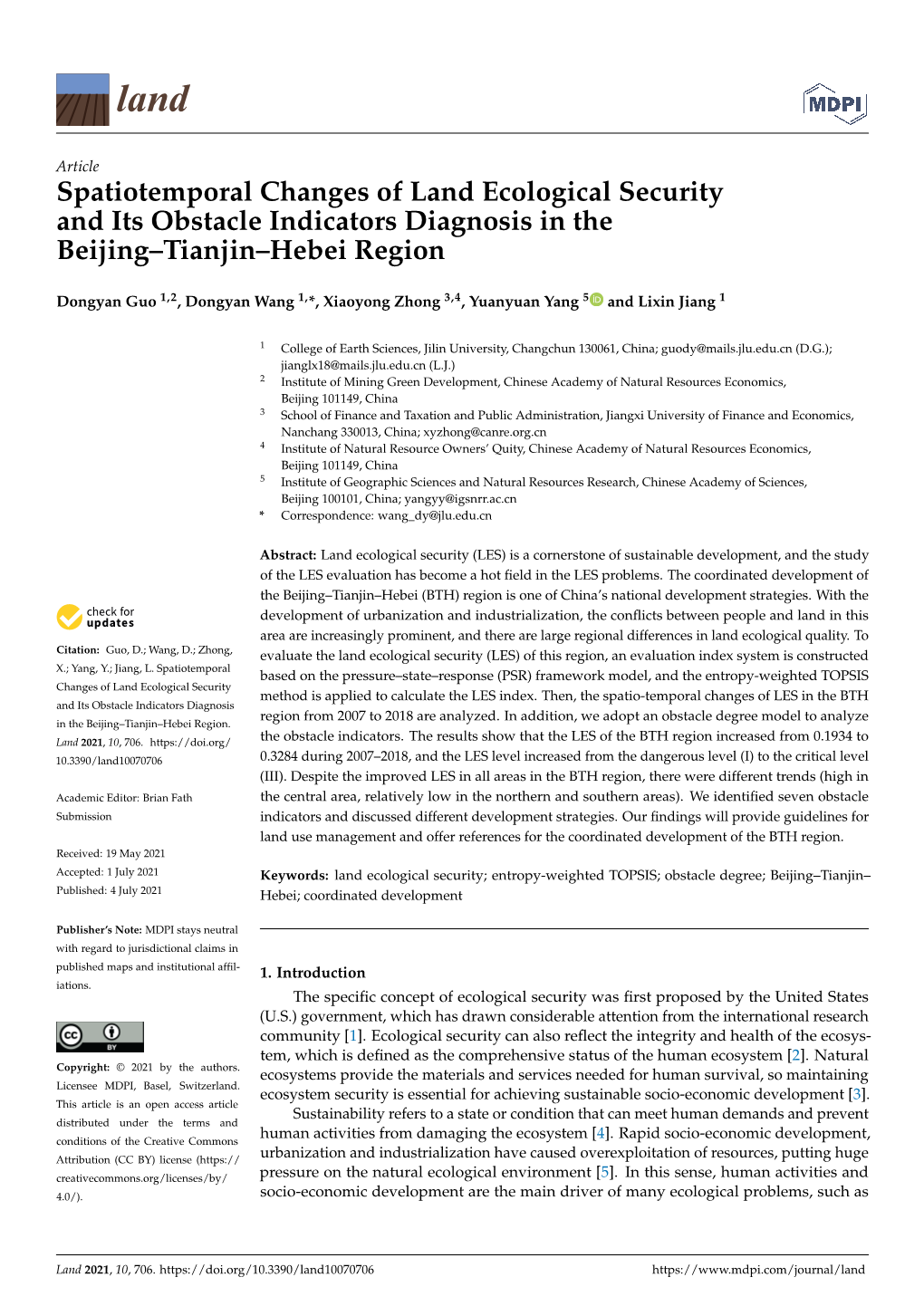 Spatiotemporal Changes of Land Ecological Security and Its Obstacle Indicators Diagnosis in the Beijing–Tianjin–Hebei Region