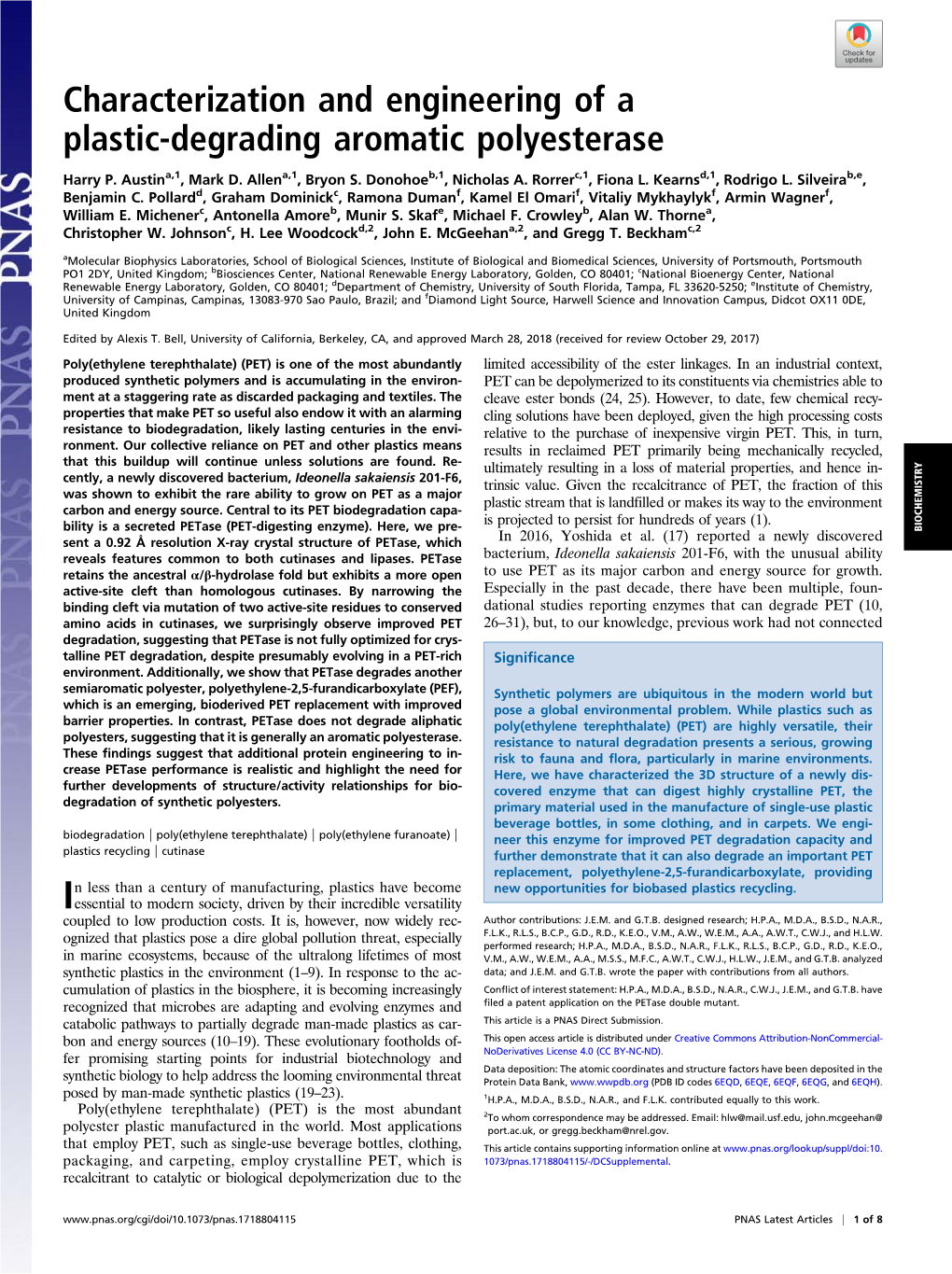 Characterization and Engineering of a Plastic-Degrading Aromatic Polyesterase