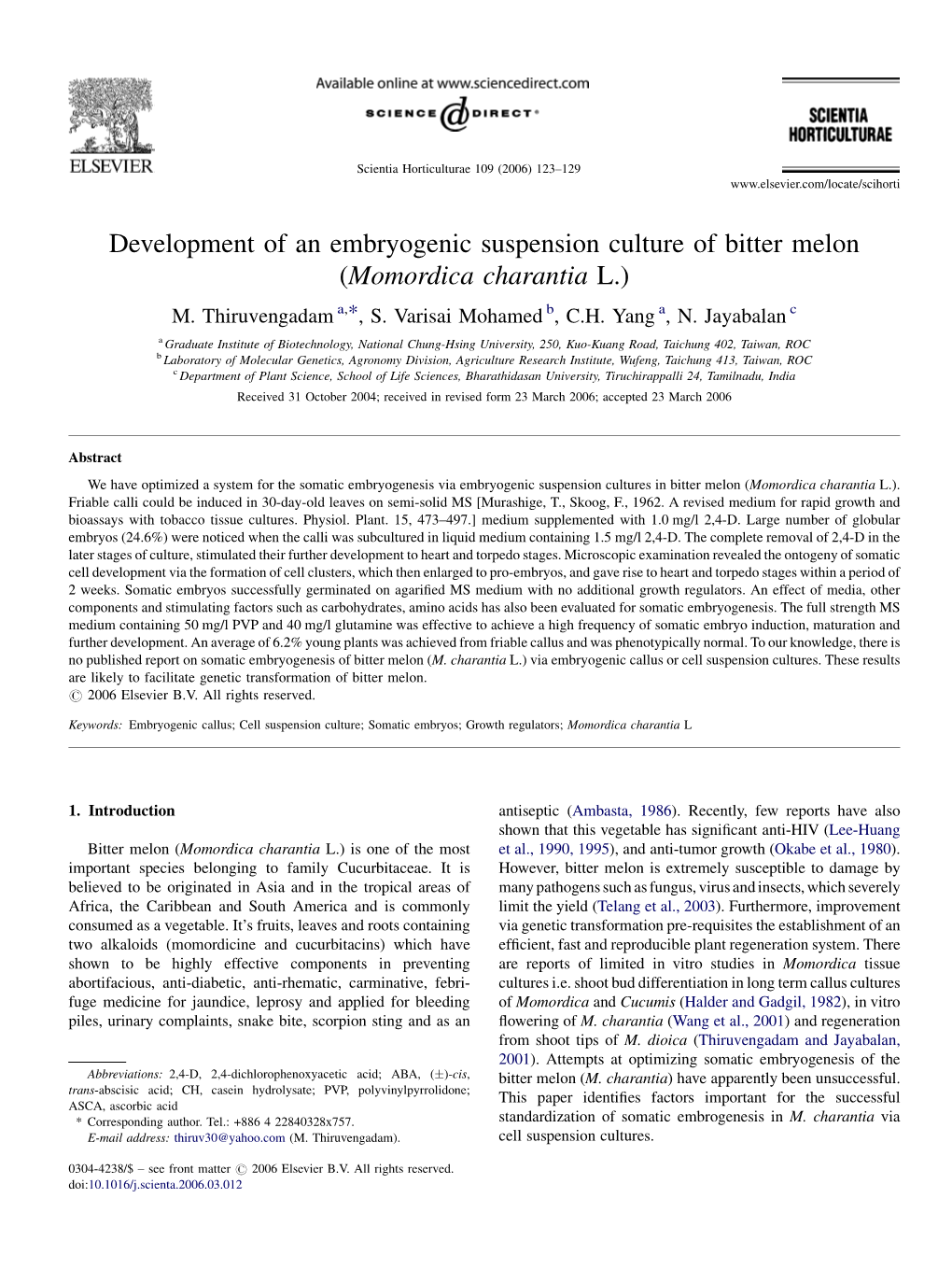 Development of an Embryogenic Suspension Culture of Bitter Melon (Momordica Charantia L.) M