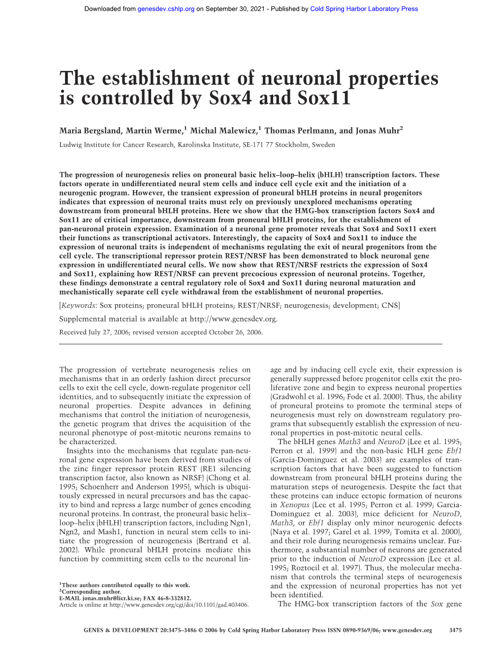 The Establishment of Neuronal Properties Is Controlled by Sox4 and Sox11