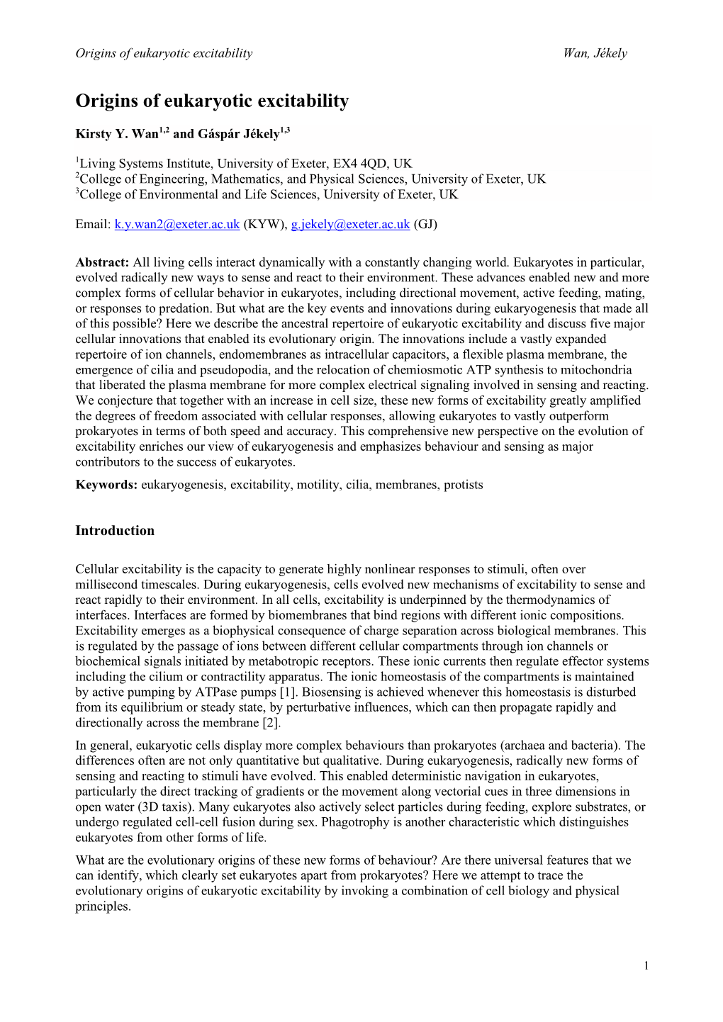 Origins of Eukaryotic Excitability Wan, Jékely