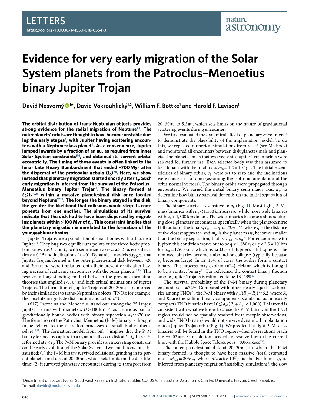 Evidence for Very Early Migration of the Solar System Planets from the Patroclus–Menoetius Binary Jupiter Trojan