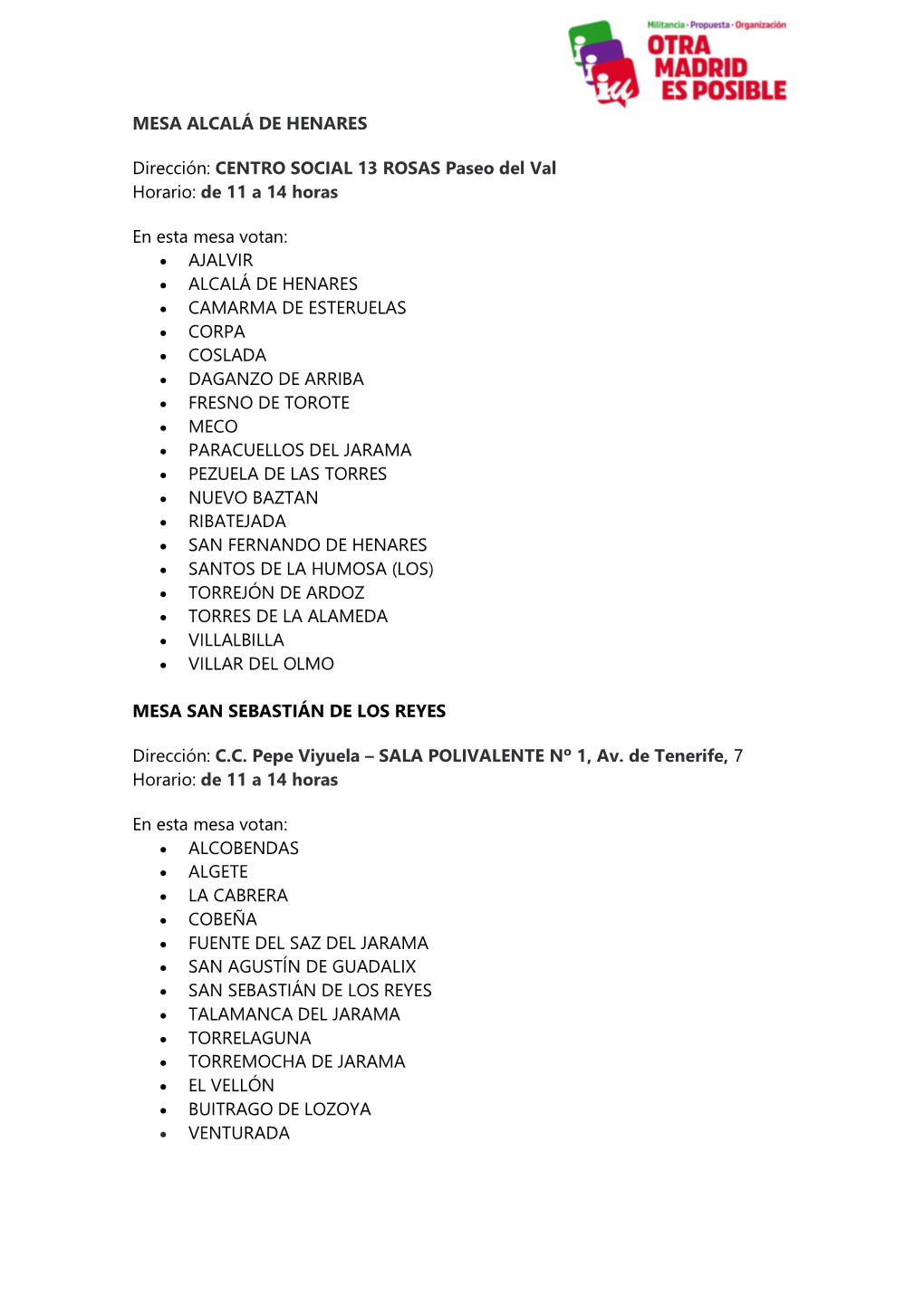 MESA ALCALÁ DE HENARES Dirección: CENTRO SOCIAL 13