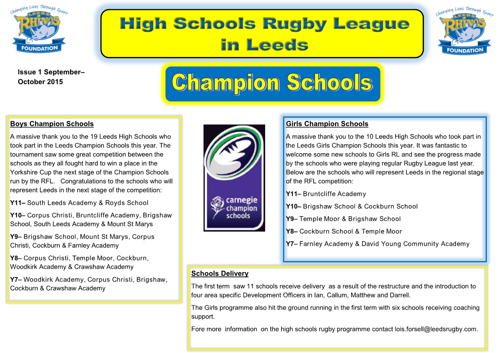 October 2015 Boys Champion Schools Girls