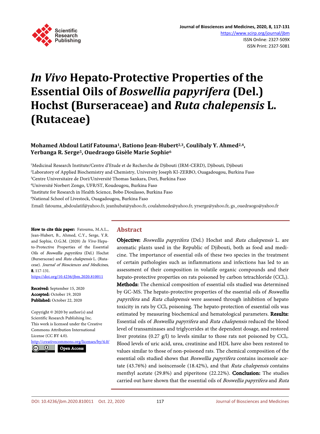 In Vivo Hepato-Protective Properties of the Essential Oils of Boswellia Papyrifera (Del.) Hochst (Burseraceae) and Ruta Chalepensis L