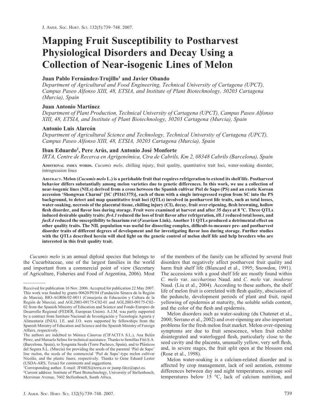 Mapping Fruit Susceptibility to Postharvest Physiological Disorders and Decay Using a Collection of Near-Isogenic Lines of Melon