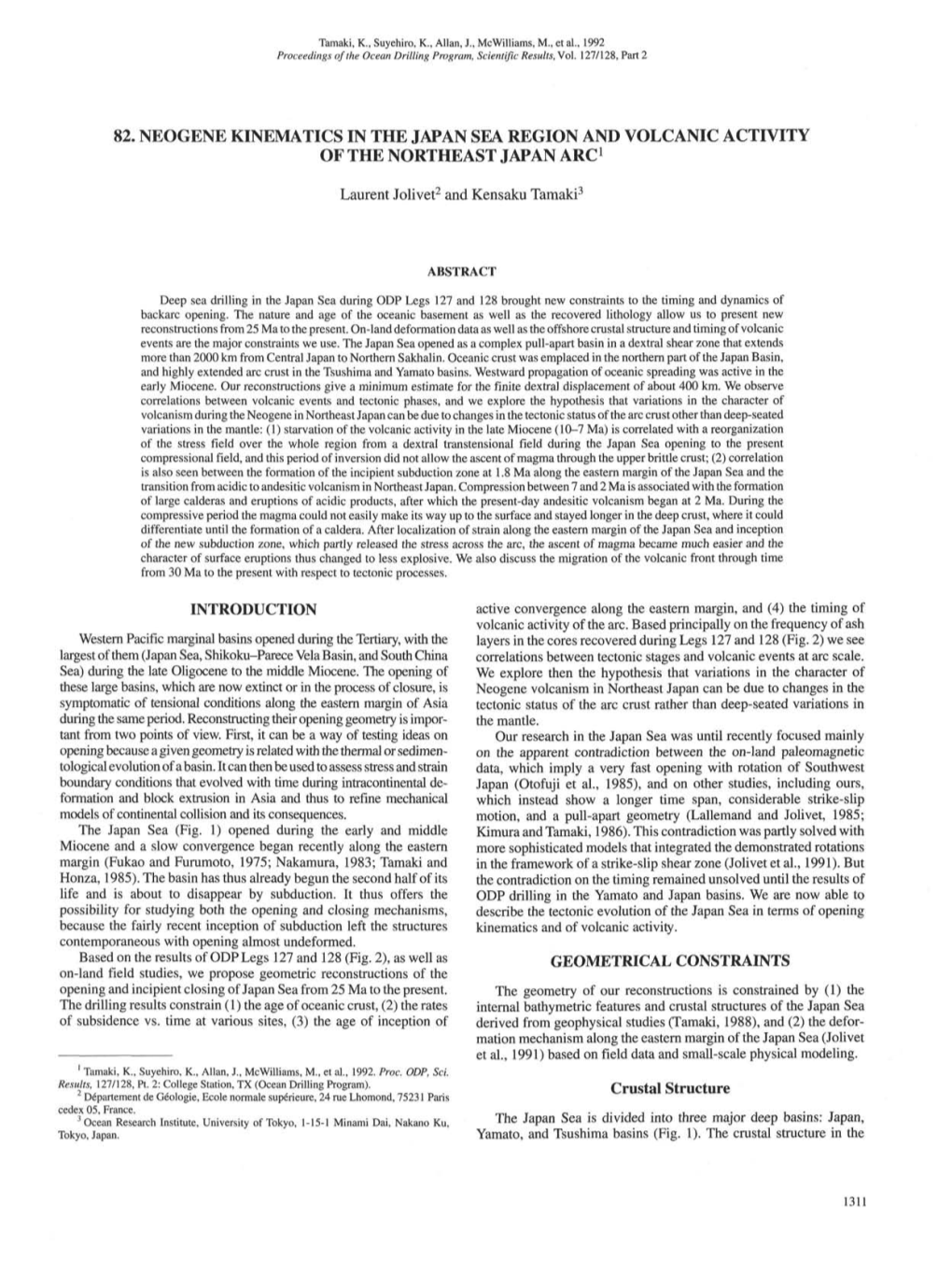 82. Neogene Kinematics in the Japan Sea Region and Volcanic Activity of the Northeast Japan Arc1