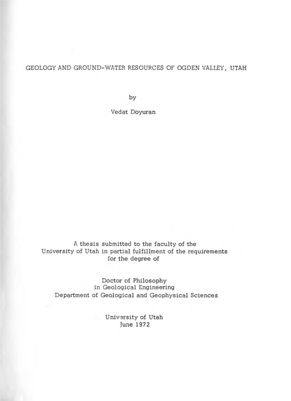 Geology and Ground-Water Resources of Ogden Valley, Utah