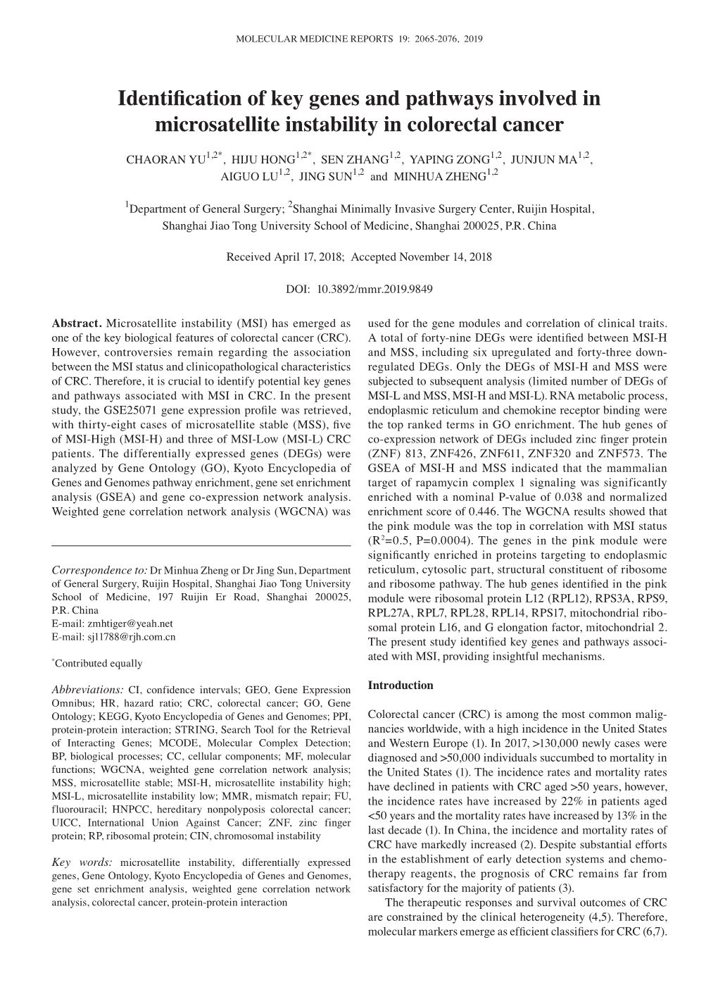 Identification of Key Genes and Pathways Involved in Microsatellite Instability in Colorectal Cancer