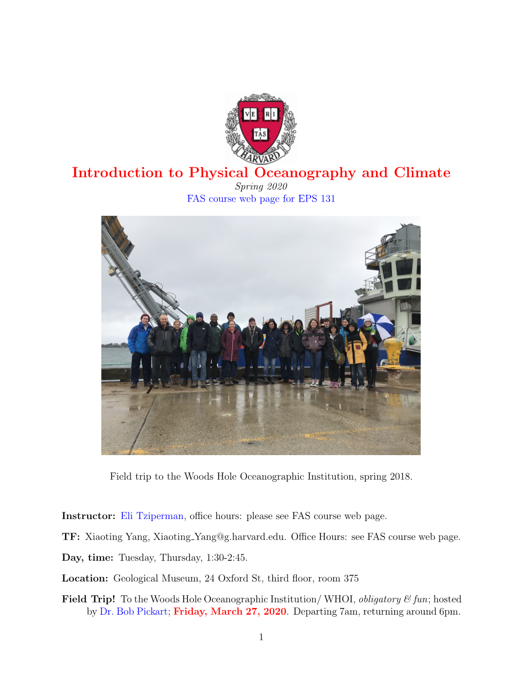 Introduction to Physical Oceanography and Climate Spring 2020 FAS Course Web Page for EPS 131