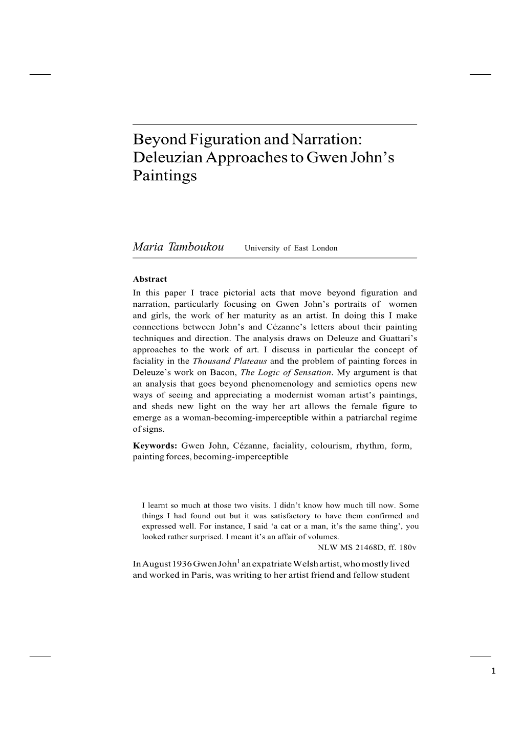 Beyond Figuration and Narration: Deleuzian Approaches to Gwen John’S Paintings