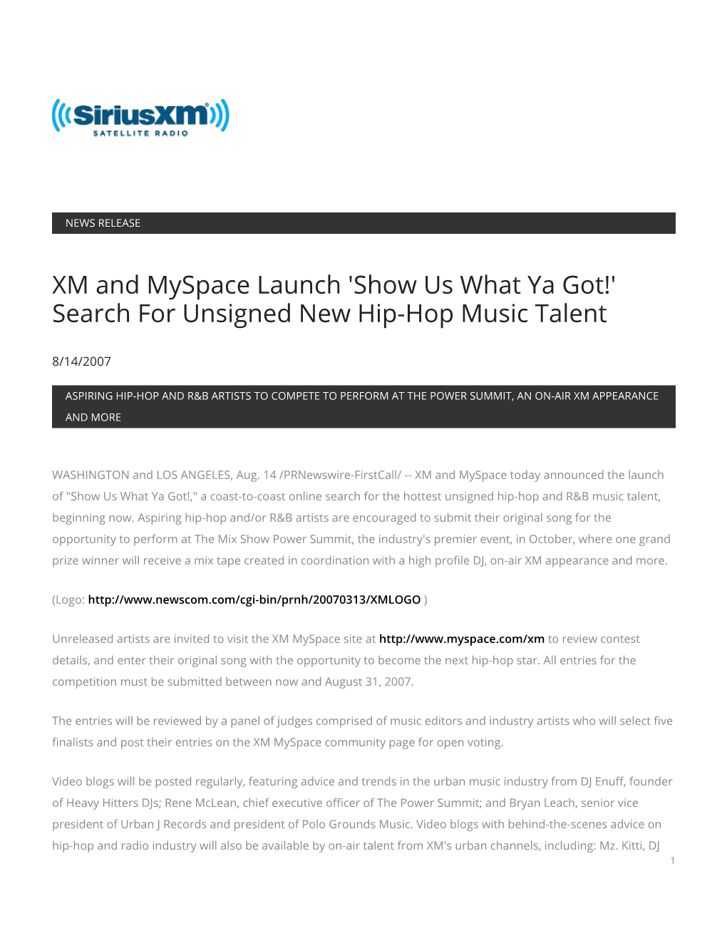 XM and Myspace Launch 'Show Us What Ya Got!' Search for Unsigned New Hip-Hop Music Talent