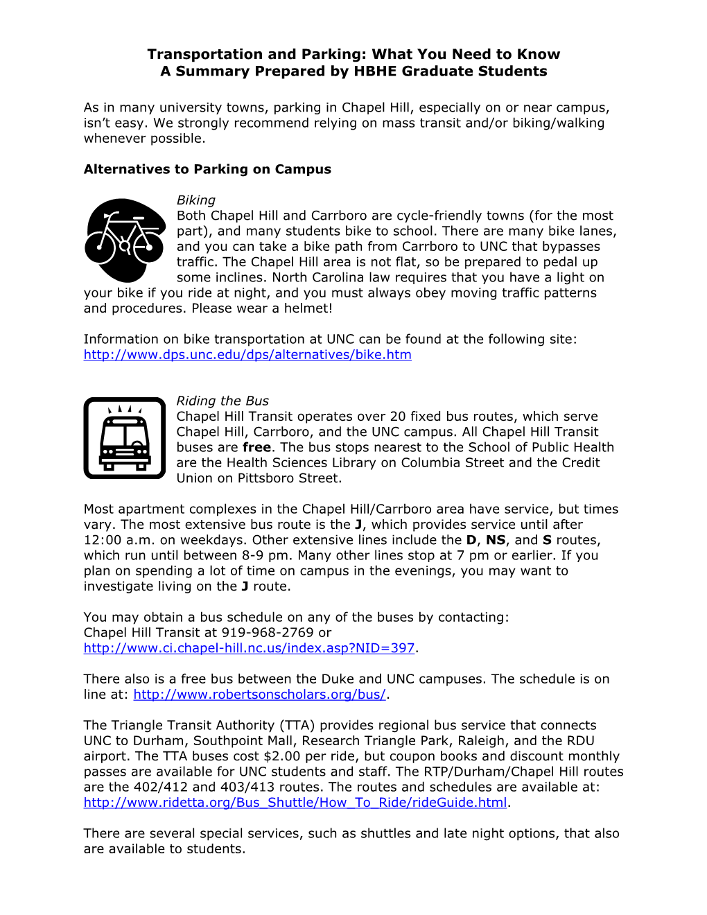 Transportation and Parking: What You Need to Know a Summary Prepared by HBHE Graduate Students