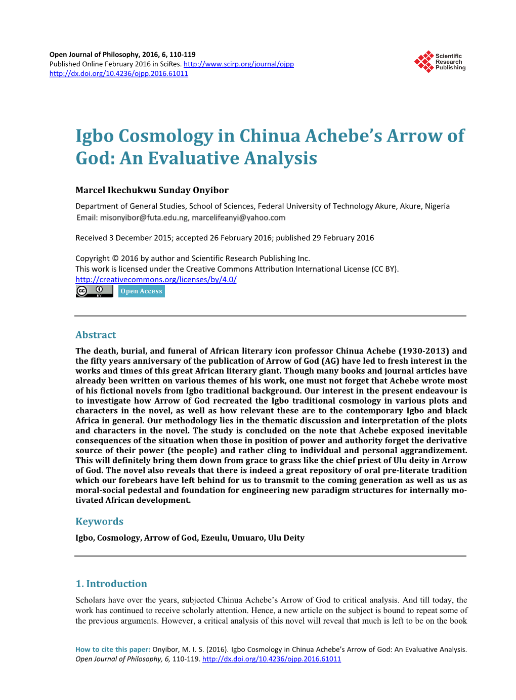 Igbo Cosmology in Chinua Achebe's Arrow of God: an Evaluative Analysis