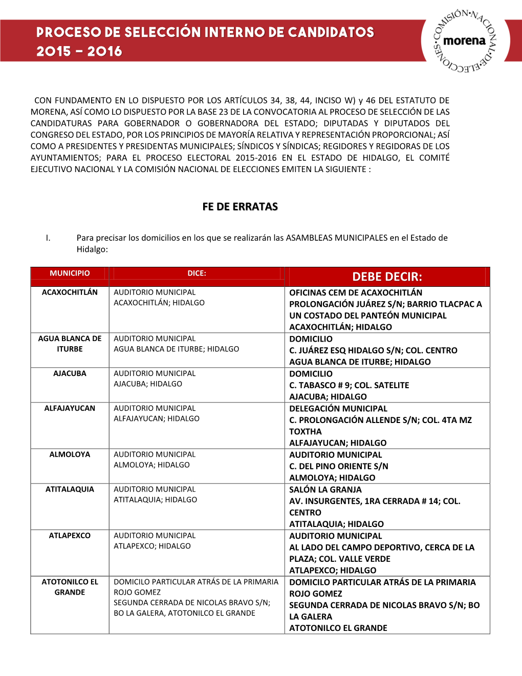 Proceso De Selección Interno De Candidatos 2015 – 2016