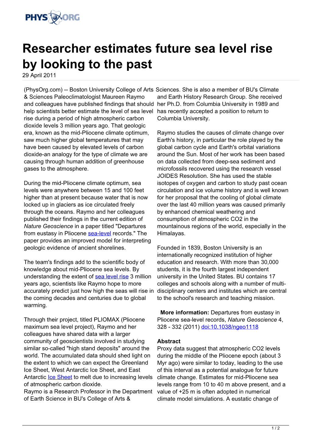 Researcher Estimates Future Sea Level Rise by Looking to the Past 29 April 2011