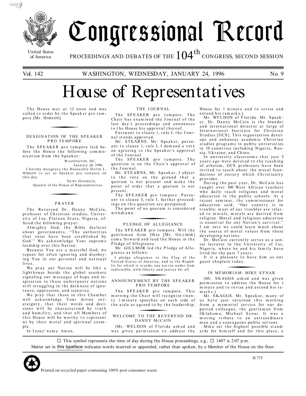 Congressional Record United States Th of America PROCEEDINGS and DEBATES of the 104 CONGRESS, SECOND SESSION