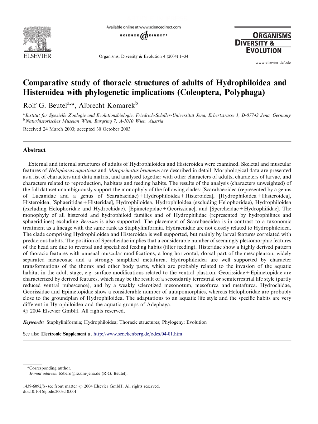 Comparative Study of Thoracic Structures of Adults of Hydrophiloidea and Histeroidea with Phylogenetic Implications (Coleoptera, Polyphaga) Rolf G