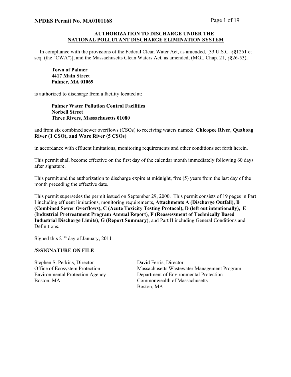 Palmer Water Pollution Control Facility Final Permit MA0101168