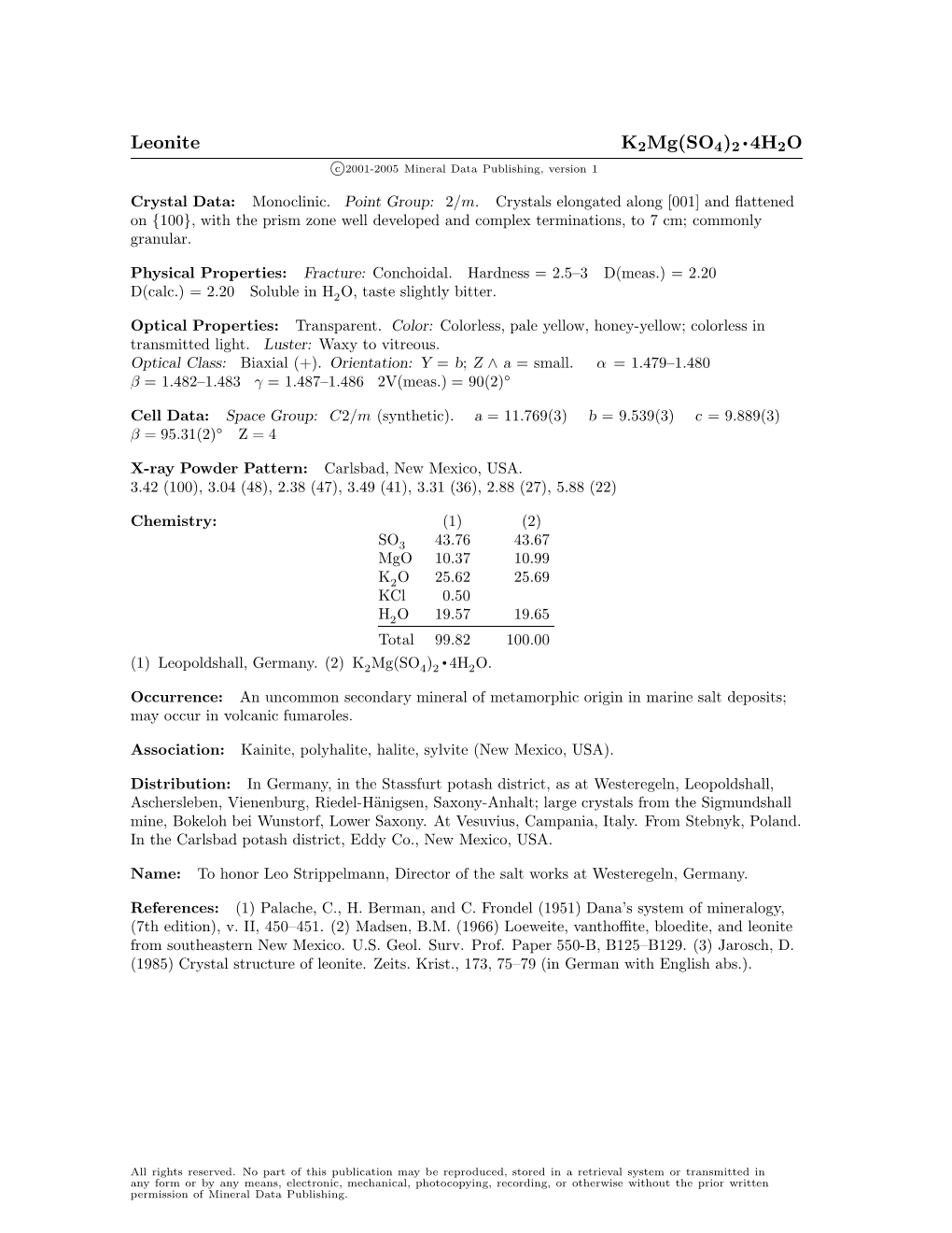 Leonite K2mg(SO4)2 • 4H2O C 2001-2005 Mineral Data Publishing, Version 1