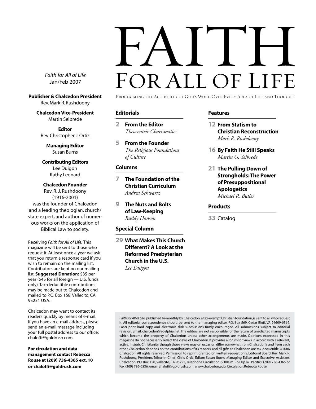 Faith for All of Life Jan/Feb 2007 Editorials 2 from the Editor