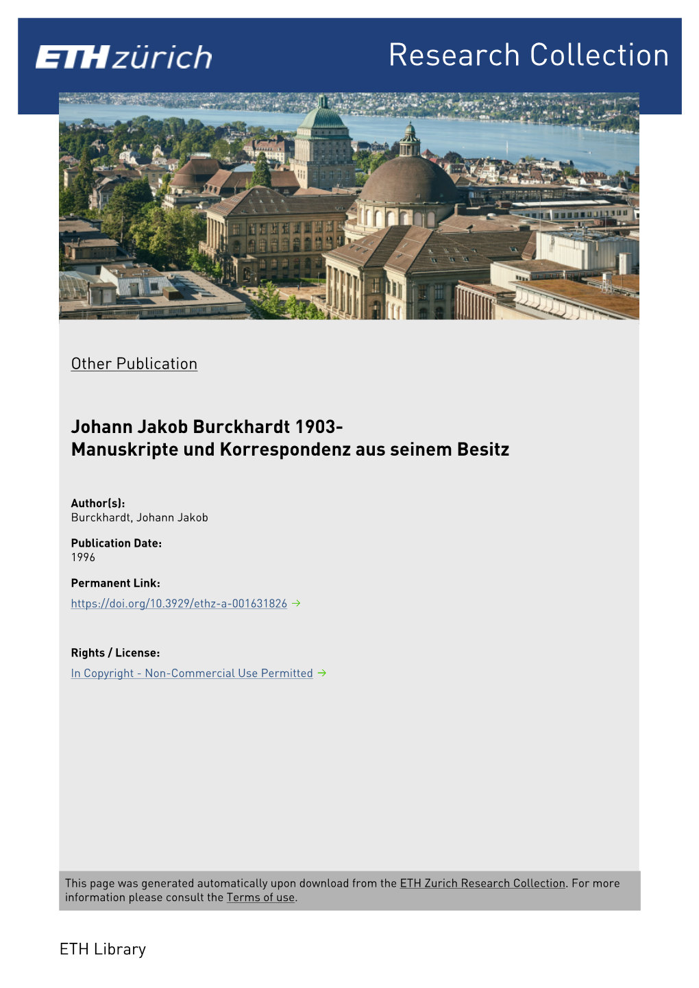 Johann Jakob Burckhardt 1903- Manuskripte Und Korrespondenz Aus Seinem Besitz