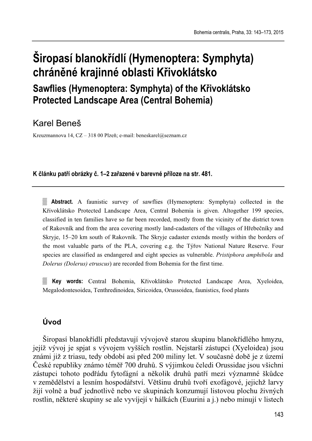 Širopasí Blanokřídlí (Hymenoptera: Symphyta) Chráněné Krajinné Oblasti Křivoklátsko