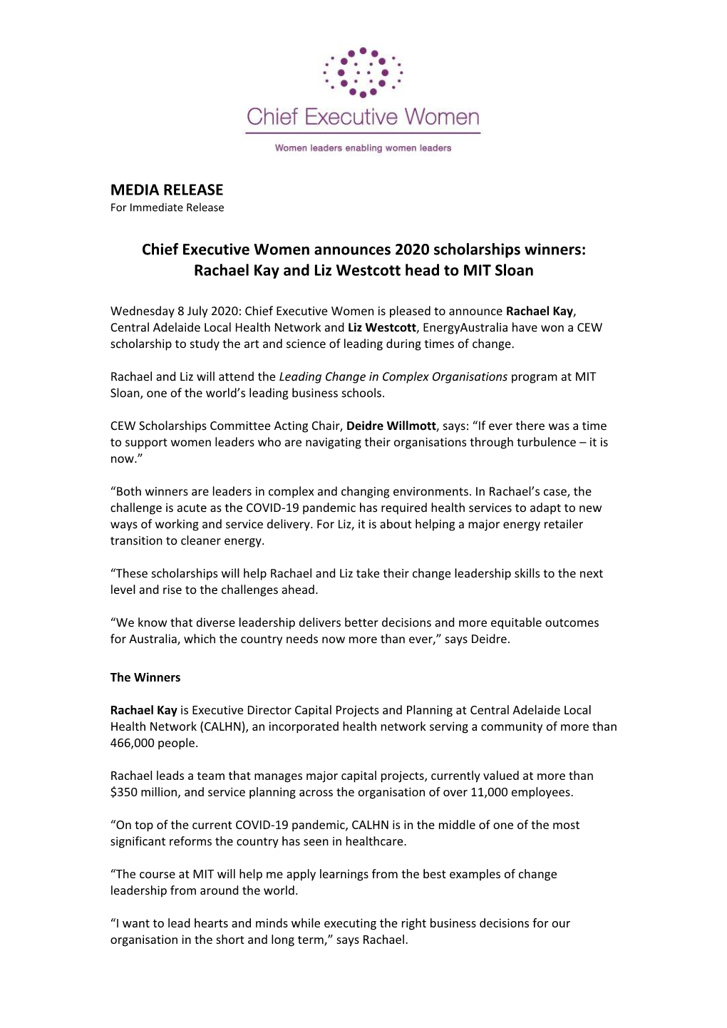 MEDIA RELEASE Chief Executive Women Announces 2020