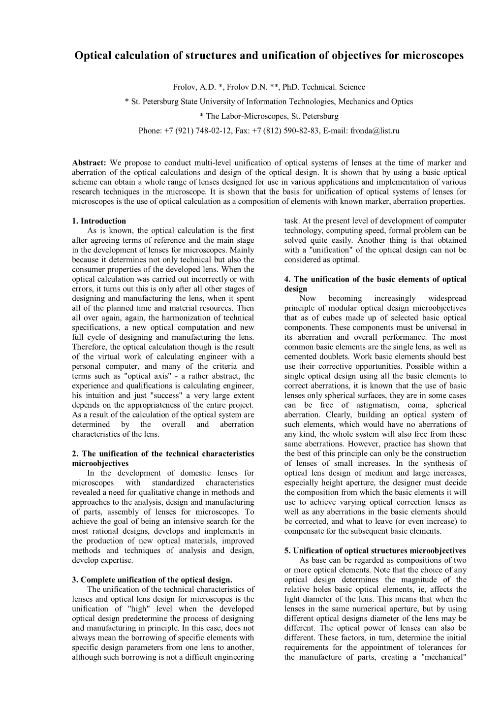 Optical Calculation of Structures and Unification of Objectives for Microscopes