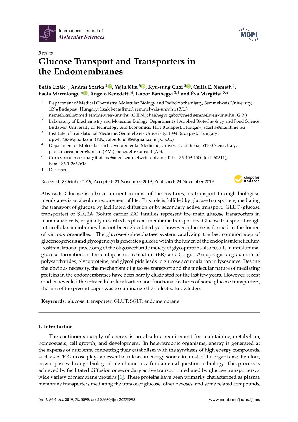 Glucose Transport and Transporters in the Endomembranes