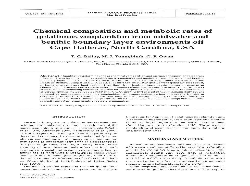 Chemical Composition and Metabolic Rates of Gelatinous Zooplankton from Midwater and Benthic Boundary Layer Environments Off Cape Hatteras, North Carolina, USA