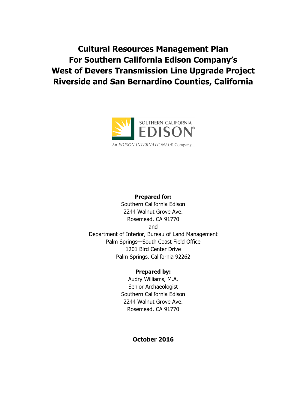 Cultural Resources Management Plan for Southern California Edison