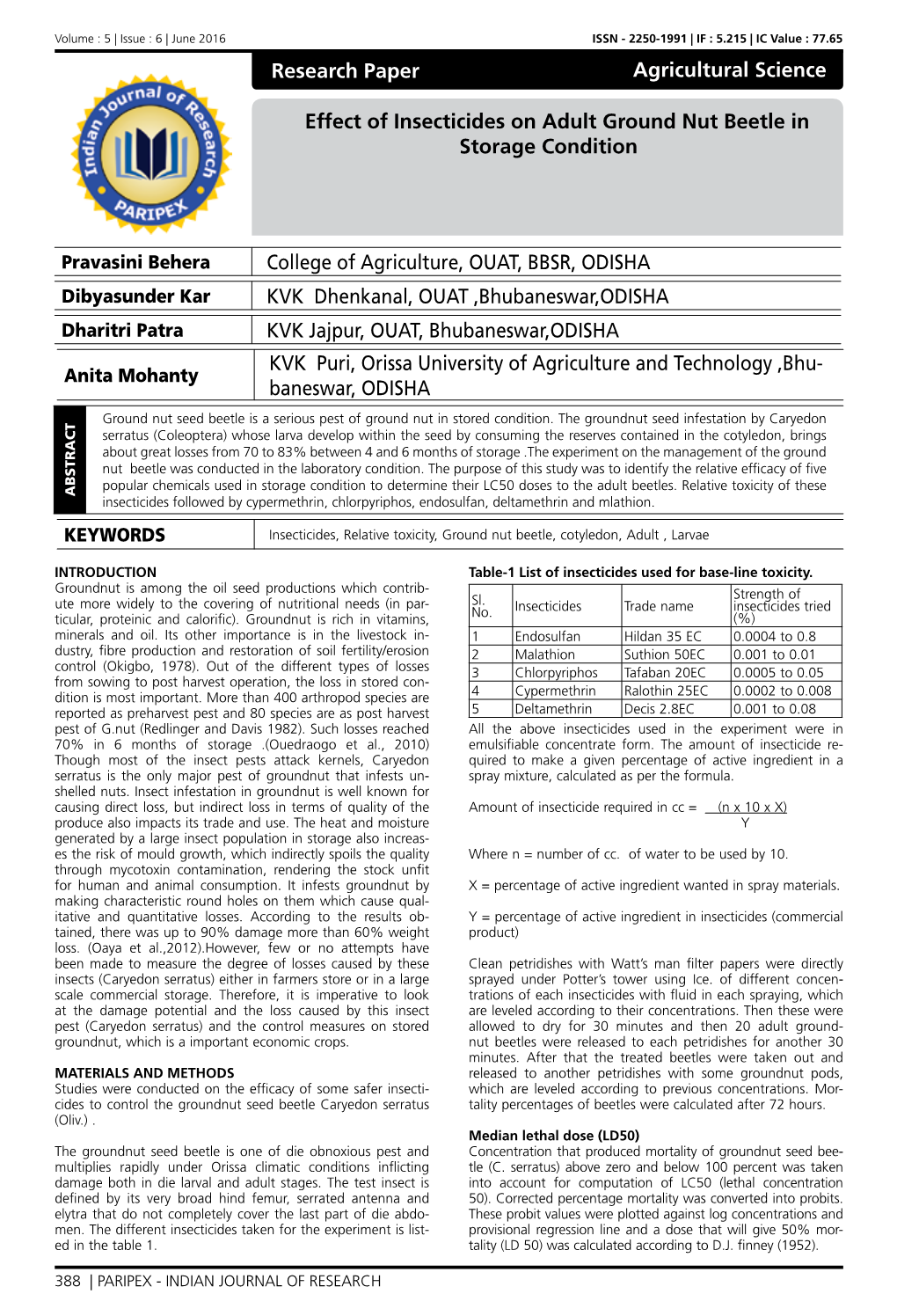 Research Paper Effect of Insecticides on Adult Ground Nut Beetle In