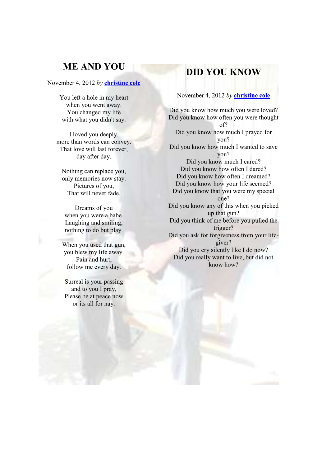 ME and YOU DID YOU KNOW November 4, 2012 by Christine Cole