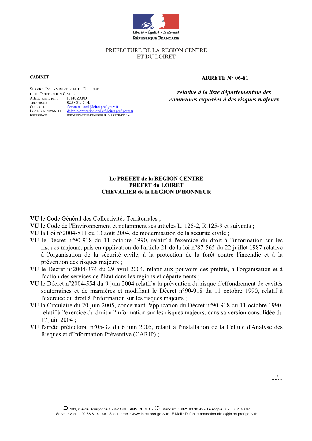 Relative À La Liste Départementale Des Communes Exposées À Des Risques