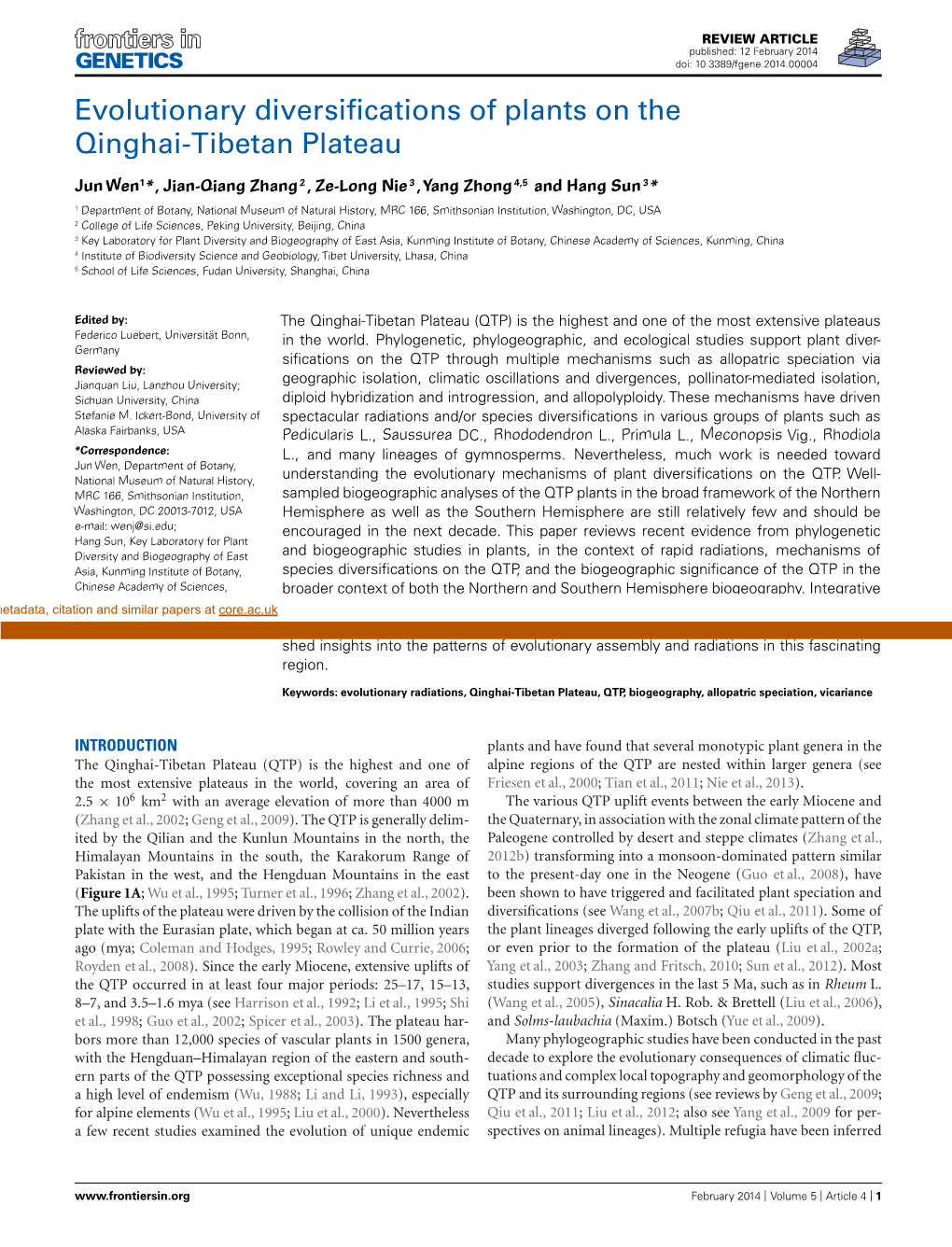 Evolutionary Diversifications of Plants on the Qinghai-Tibetan Plateau