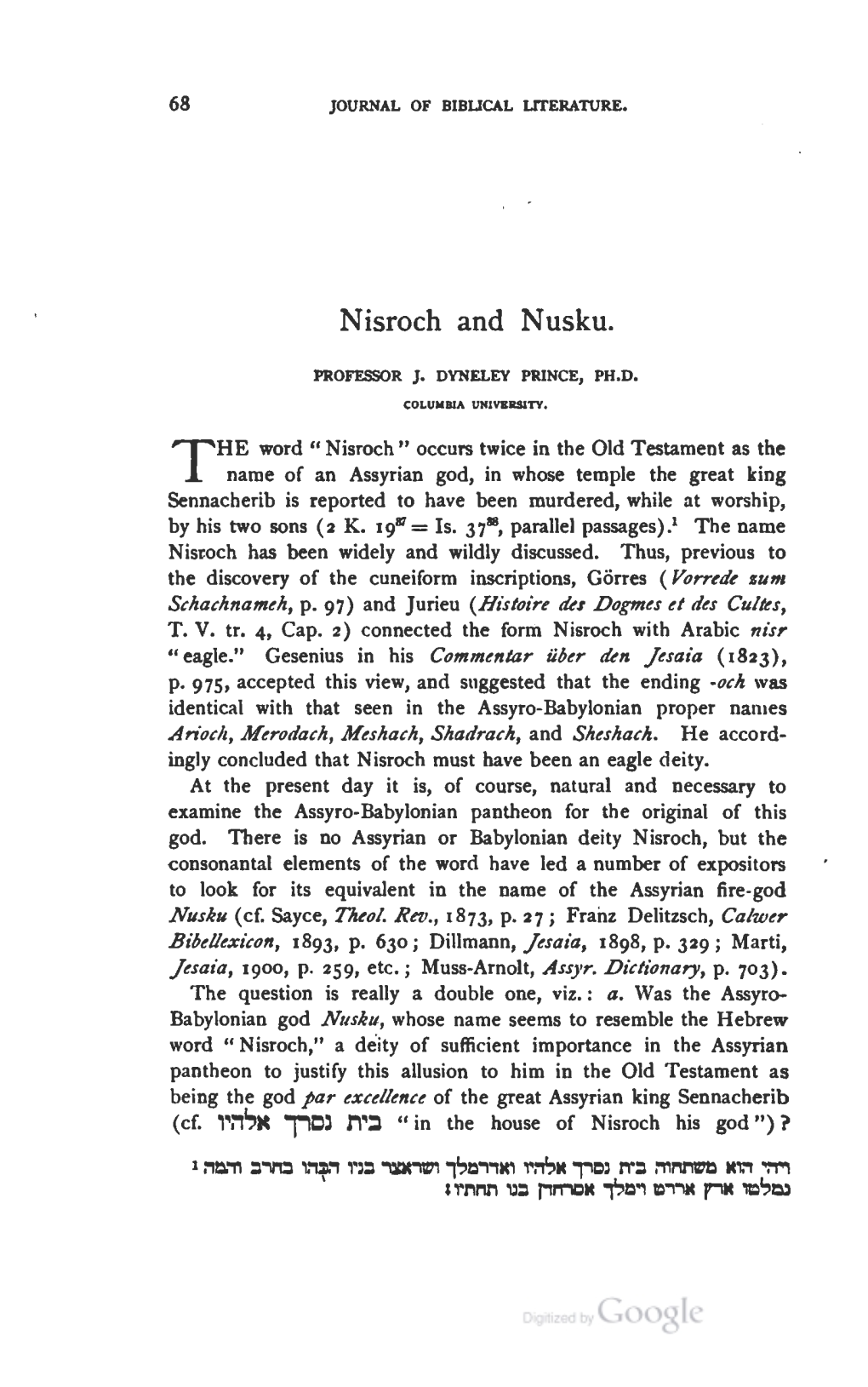 "Nisroch and Nusku," Journal of Biblical Literature 23.1 (1904)
