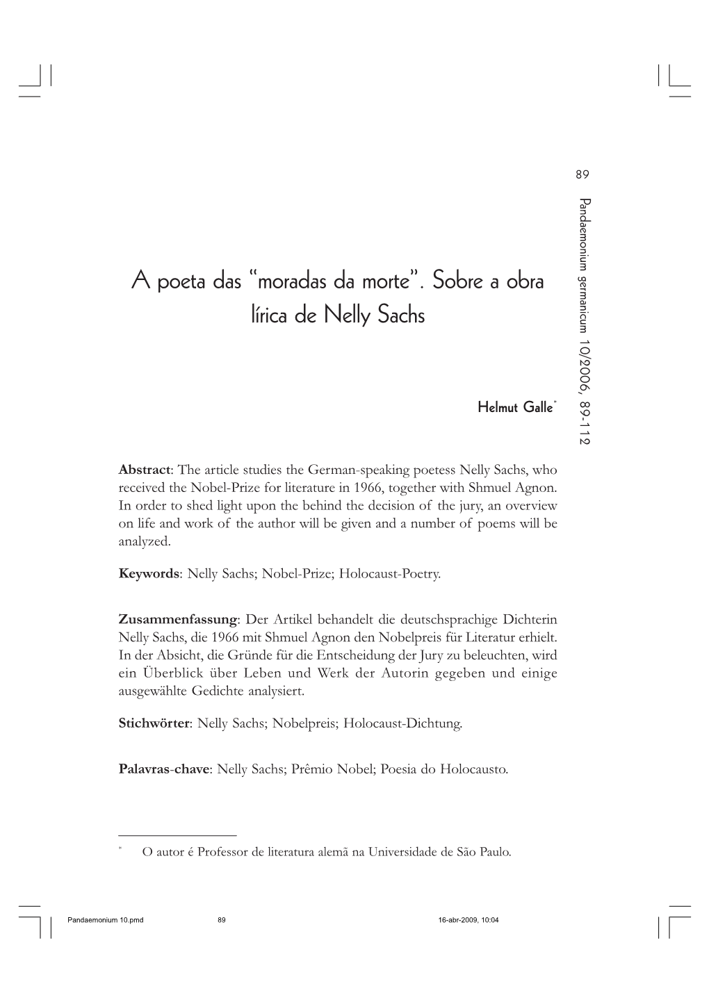 Sobre a Obra Lírica De Nelly Sachs