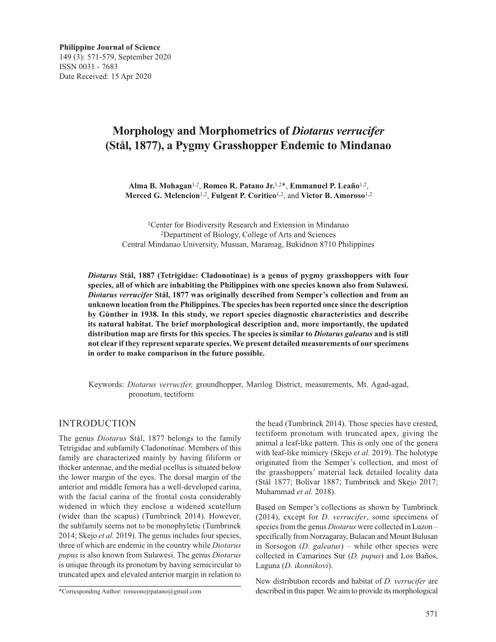 Morphology and Morphometrics of Diotarus Verrucifer (Stål, 1877), a Pygmy Grasshopper Endemic to Mindanao