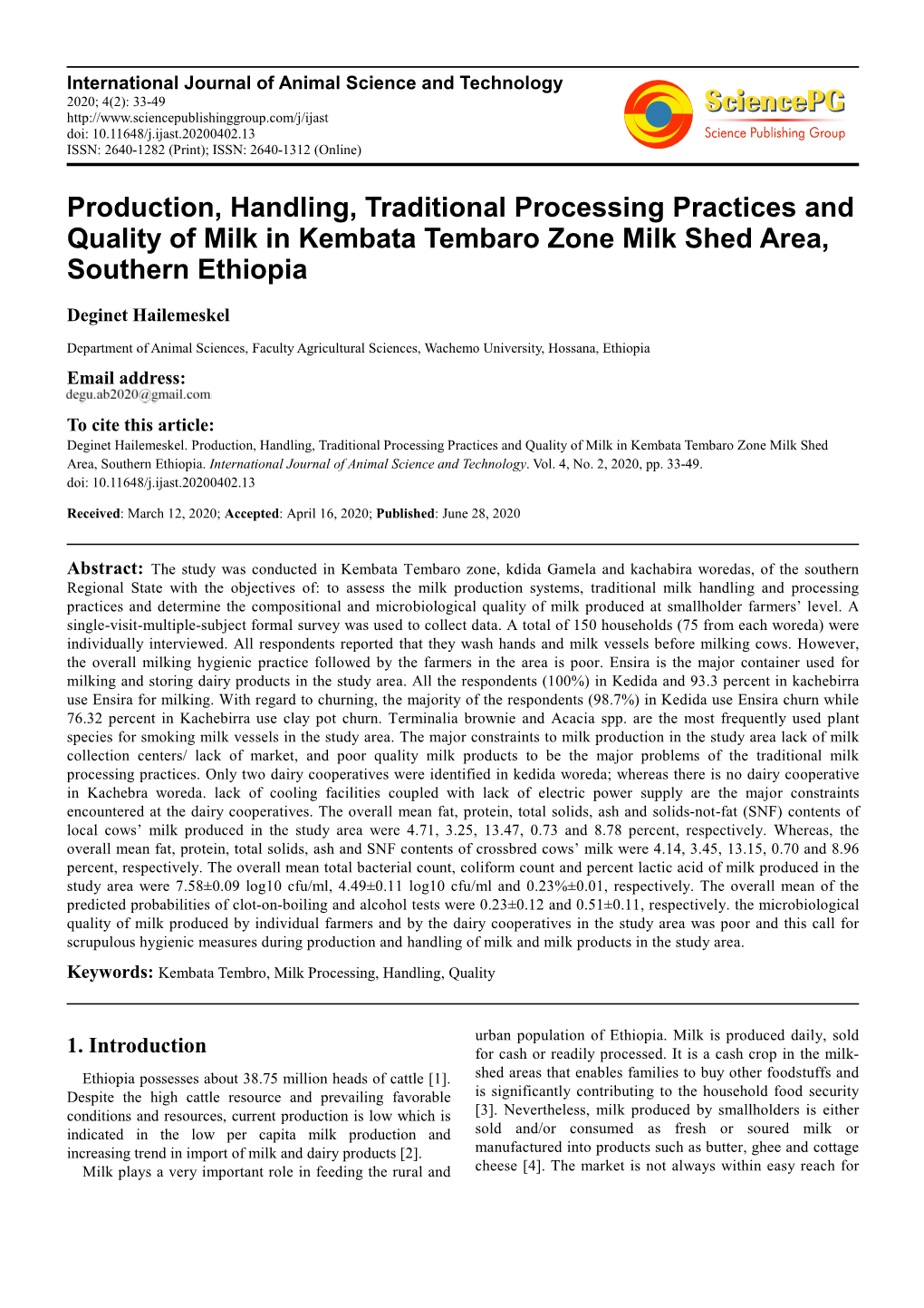 Production, Handling, Traditional Processing Practices and Quality of Milk in Kembata Tembaro Zone Milk Shed Area, Southern Ethiopia