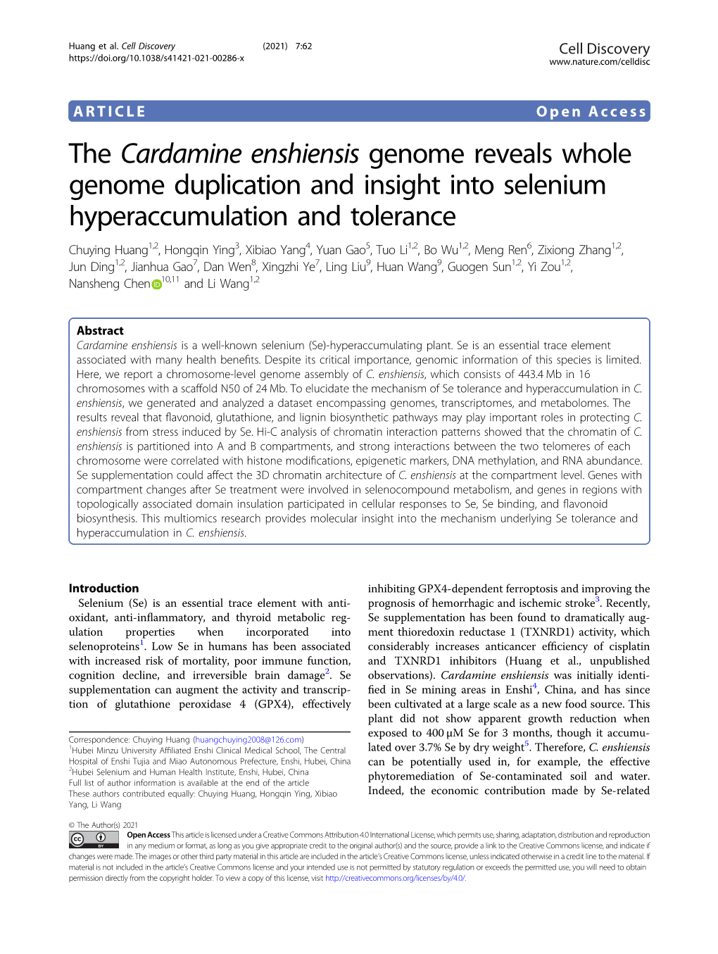 The Cardamine Enshiensis Genome Reveals Whole Genome Duplication