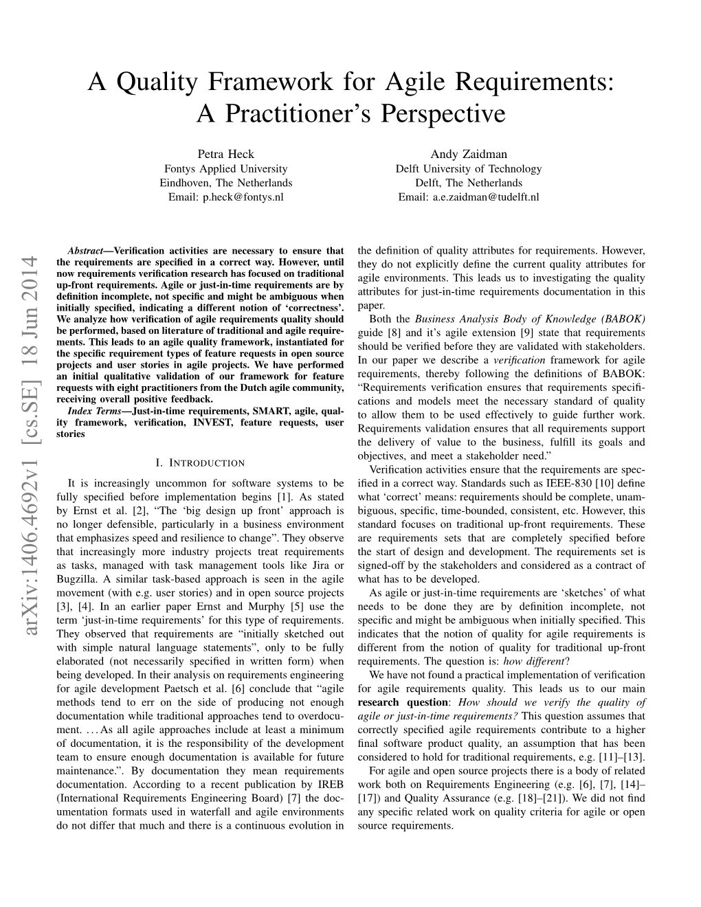 A Quality Framework for Agile Requirements: a Practitioner’S Perspective