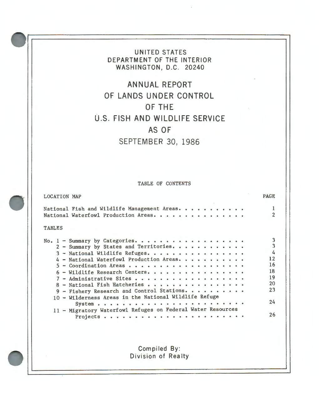 Annual Report of Lands Under Control of the U.S. Fish and Wildlife Service As of September 30, 1986